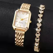 2PCS/Set Fashion Rectangle Women Quartz Watch Ladies Roma Dial Wristwatches Rhinestone Bracelet Set Reloj Mujer Girls Clock Gift