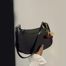 Women's PU Leather Handbag Versatile Fashion Solid Color Cherry Pendant Shoulder Bag Casual Commuting Bag Girl Underarm Bag