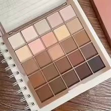 25-color eyeshadow palette - neutral gray and brown earth tones, coffee and chocolate shades, creating versatile, natural to dramatic makeup looks