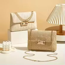 Women's Elegant Woven Straw Shoulder Bag, Multi-Functional Crossbody/Handbag with Polyester Lining Fashion Wallet Cute Small Bag