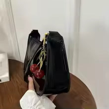 Women's PU Leather Handbag Versatile Fashion Solid Color Cherry Pendant Shoulder Bag Casual Commuting Bag Girl Underarm Bag
